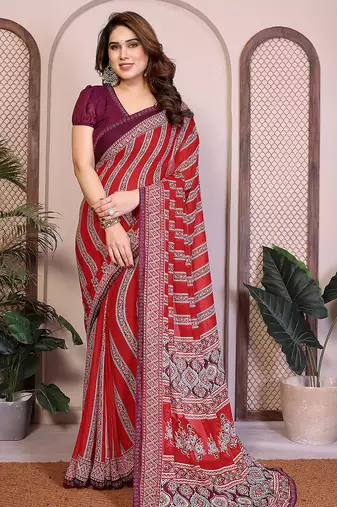 red floral georgette saree with lace border & blouse piece