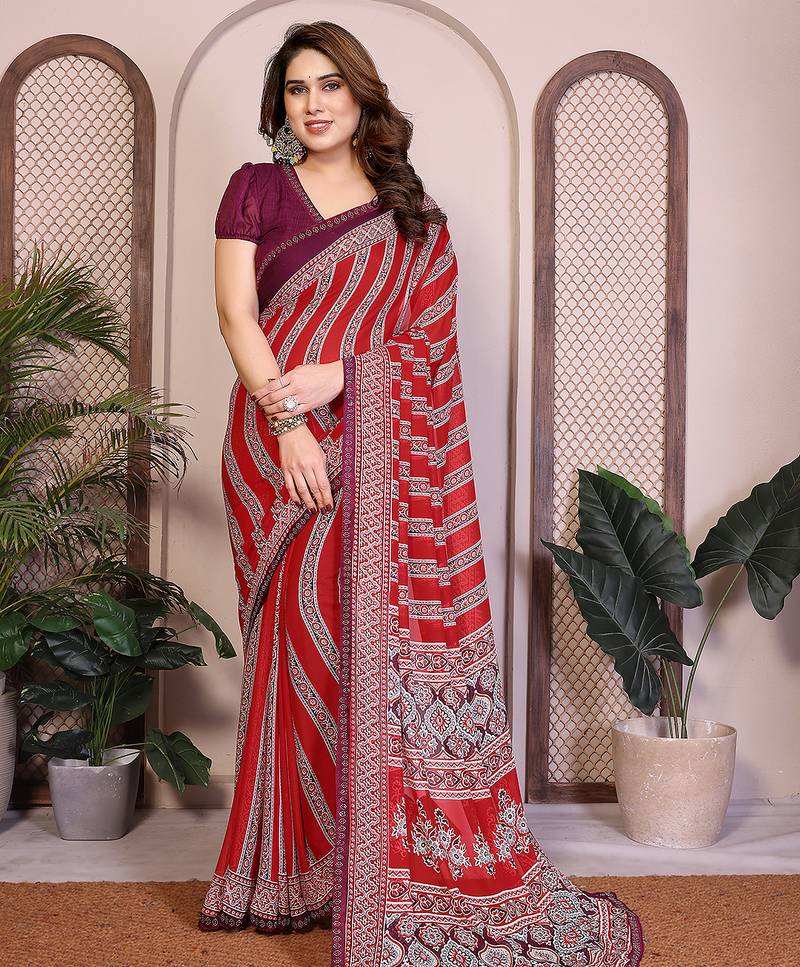 red floral georgette saree with lace border & blouse piece