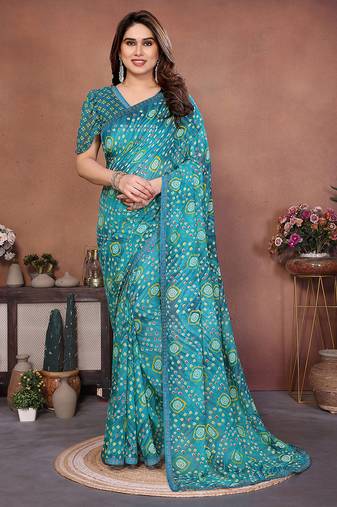 blue printed georgette saree with lace border & blouse piece