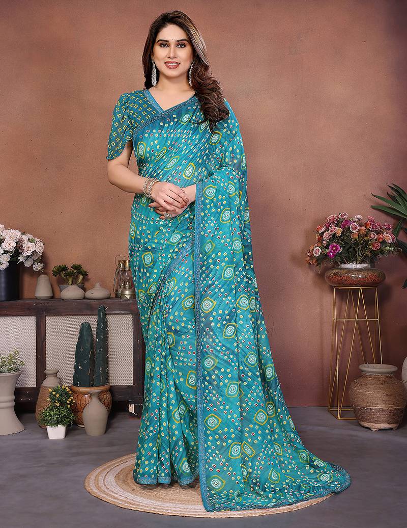 blue printed georgette saree with lace border & blouse piece