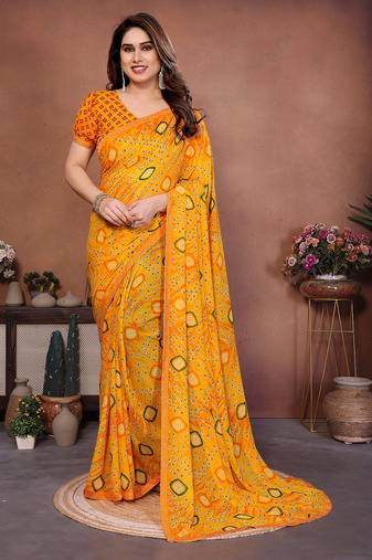  yellow printed georgette saree with lace border & blouse piece