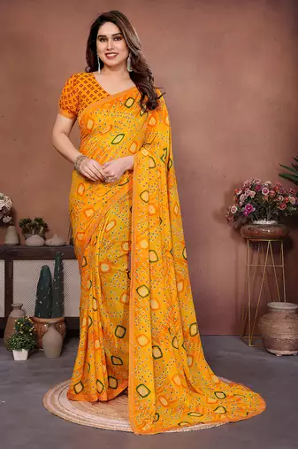   yellow printed georgette saree with lace border & blouse piece
