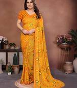  yellow printed georgette saree with lace border & blouse piece