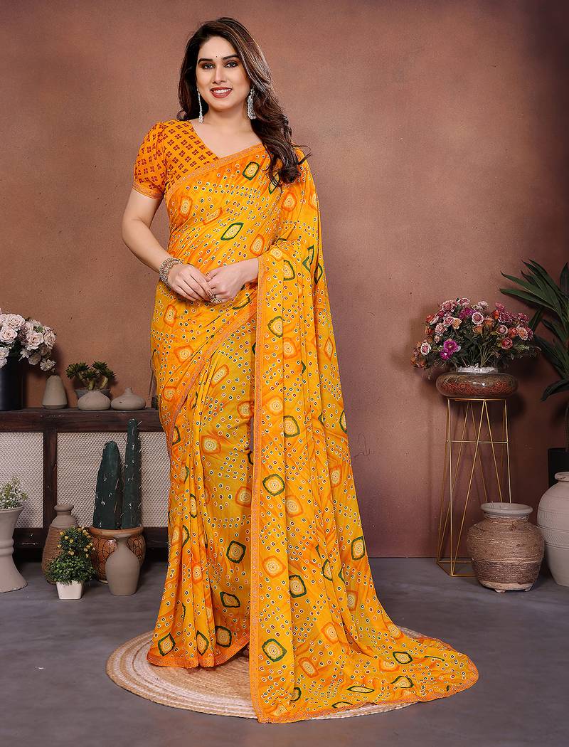  yellow printed georgette saree with lace border & blouse piece