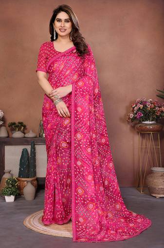 pink printed georgette saree with lace border & blouse piece