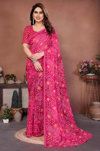 pink printed georgette saree with lace border & blouse piece