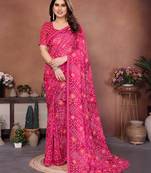 pink printed georgette saree with lace border & blouse piece
