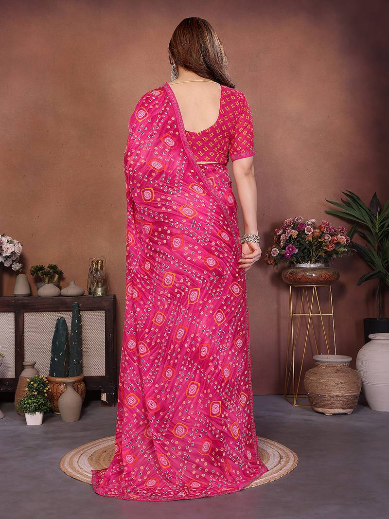 pink printed georgette saree with lace border & blouse piece