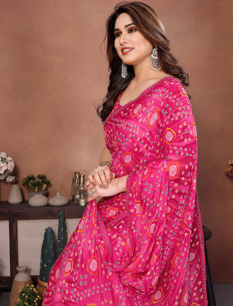 pink printed georgette saree with lace border & blouse piece