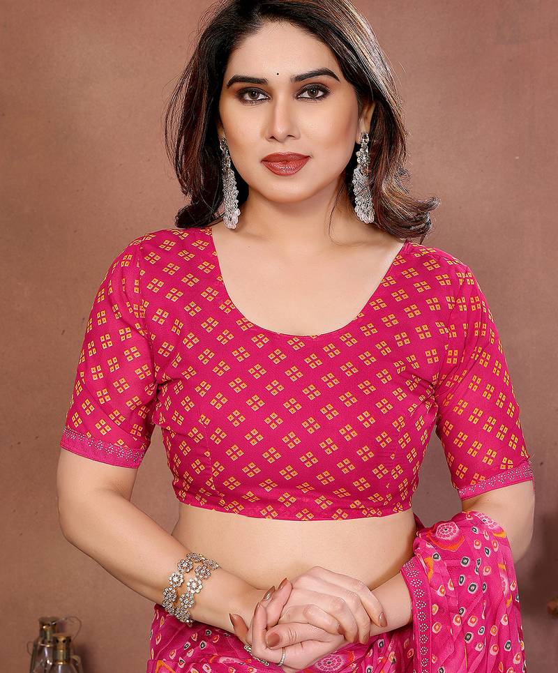 pink printed georgette saree with lace border & blouse piece