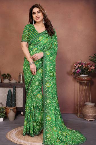 green printed georgette saree with lace border & blouse piece