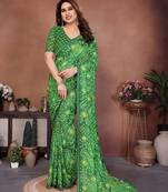 green printed georgette saree with lace border & blouse piece