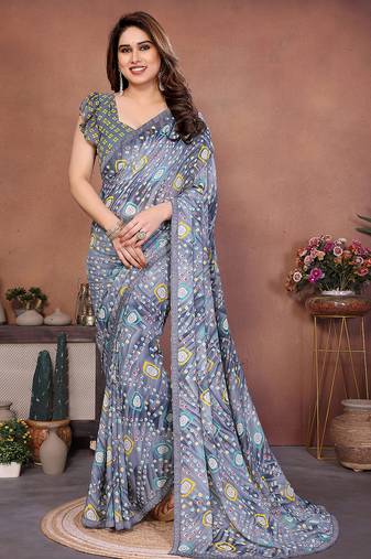grey printed georgette saree with lace border & blouse piece