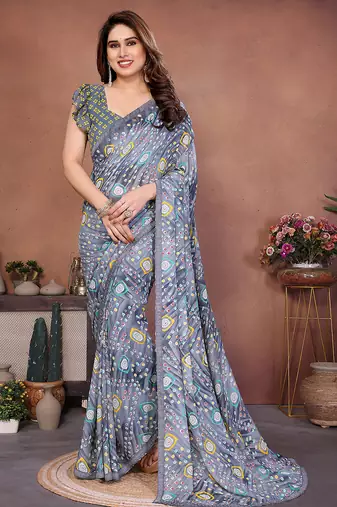 grey printed georgette saree with lace border & blouse piece
