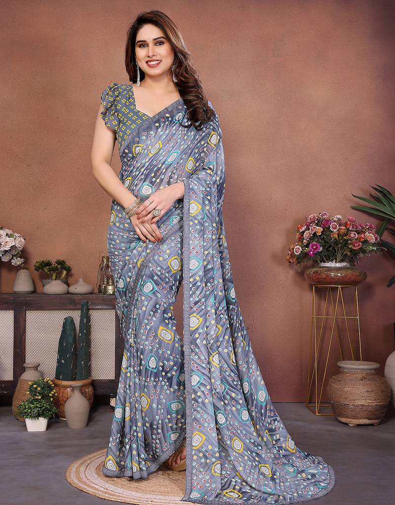 grey printed georgette saree with lace border & blouse piece