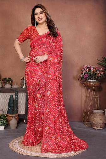 red printed georgette saree with lace border & blouse piece
