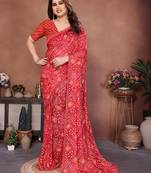 red printed georgette saree with lace border & blouse piece