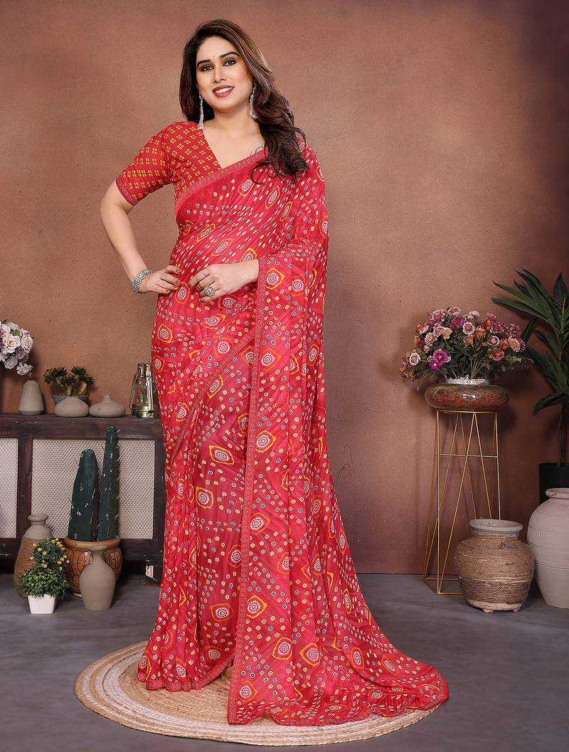 red printed georgette saree with lace border & blouse piece
