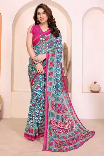 blue geometric print georgette saree with lace border & blouse piece