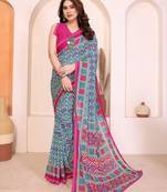 blue geometric print georgette saree with lace border & blouse piece