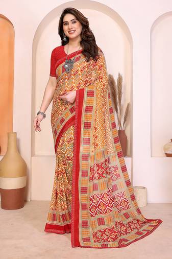  yellow geometric print georgette saree with lace border & blouse piece