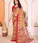  yellow geometric print georgette saree with lace border & blouse piece