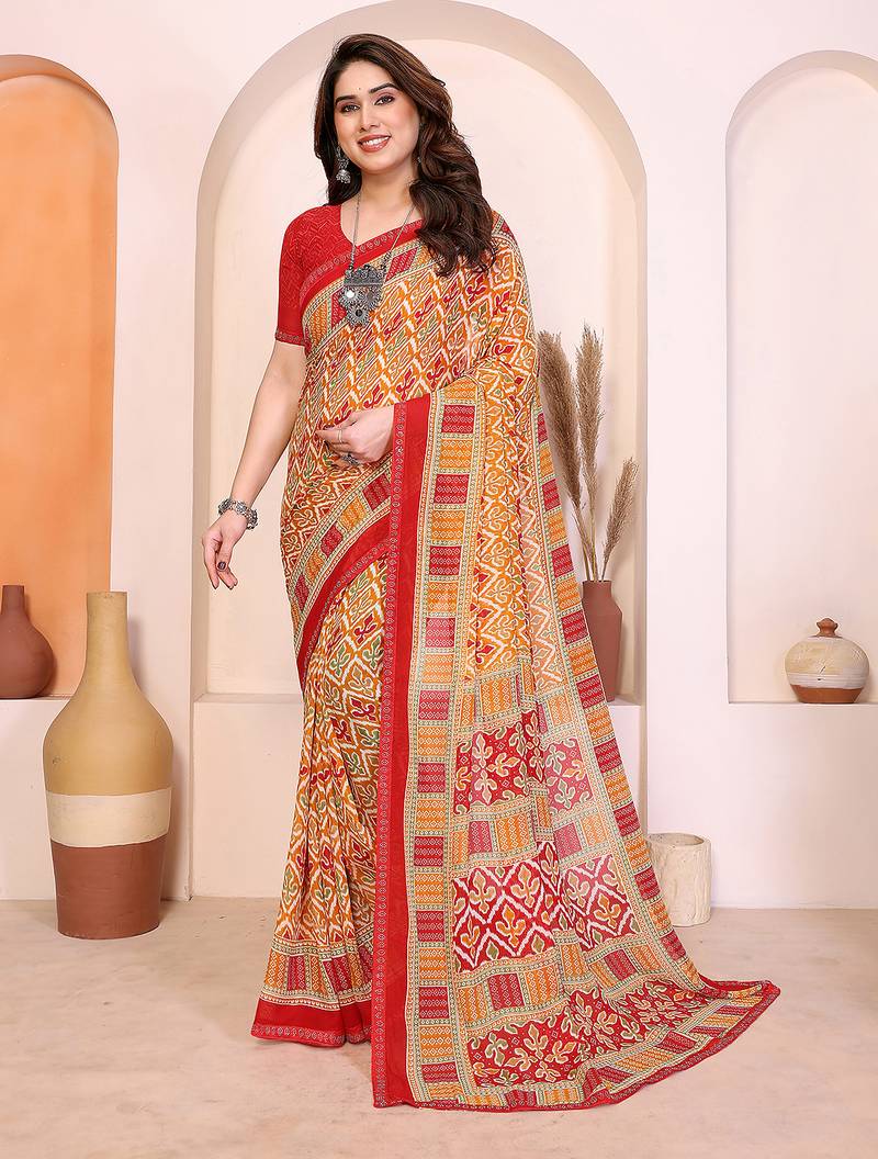  yellow geometric print georgette saree with lace border & blouse piece