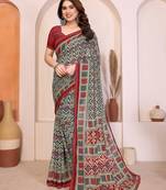 green geometric print georgette saree with lace border & blouse piece