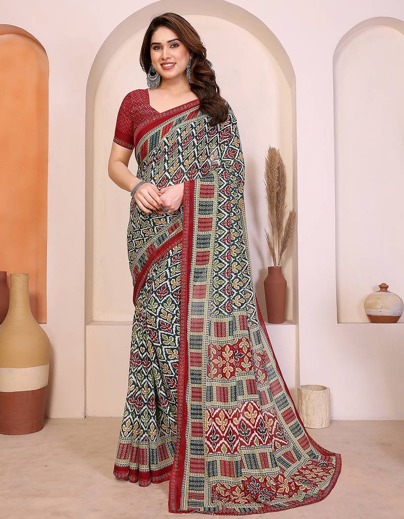 green geometric print georgette saree with lace border & blouse piece