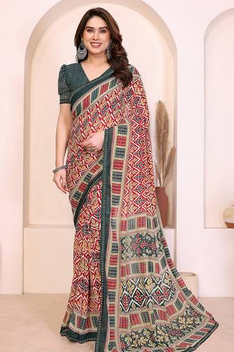 red geometric print georgette saree with lace border & blouse piece