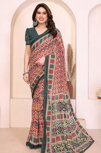 red geometric print georgette saree with lace border & blouse piece