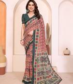 red geometric print georgette saree with lace border & blouse piece