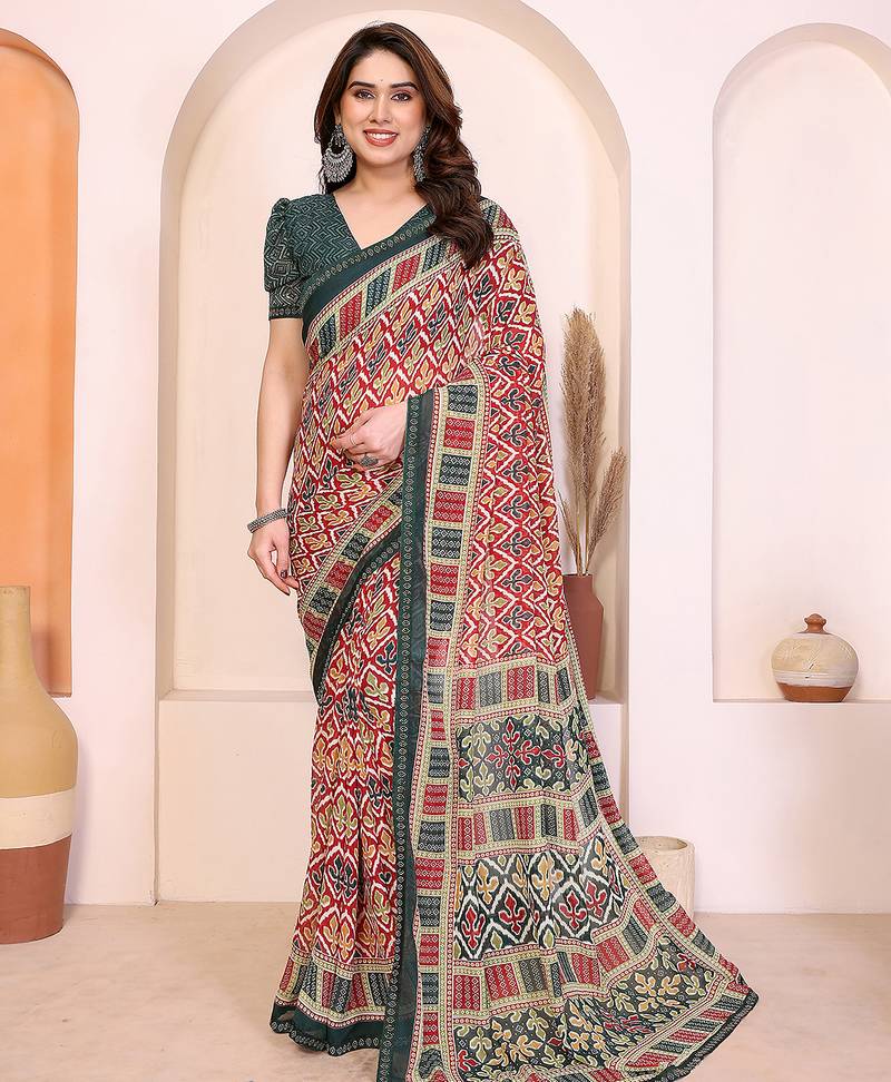 red geometric print georgette saree with lace border & blouse piece