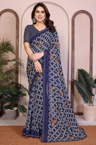 blue floral georgette saree with lace border & blouse piece