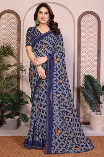 blue floral georgette saree with lace border & blouse piece