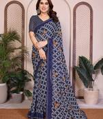 blue floral georgette saree with lace border & blouse piece