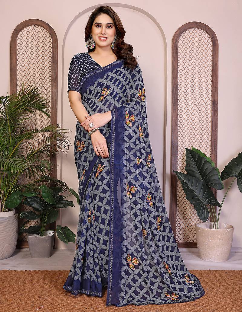 blue floral georgette saree with lace border & blouse piece