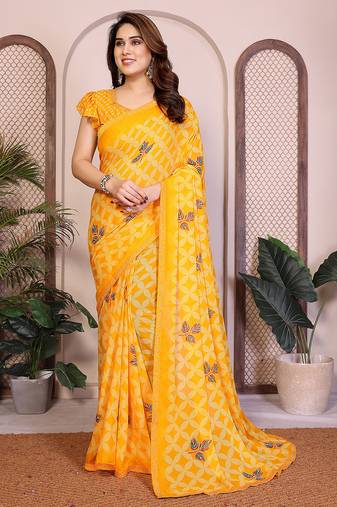   yellow geometric print georgette saree with lace border & blouse piece