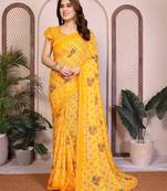  yellow geometric print georgette saree with lace border & blouse piece