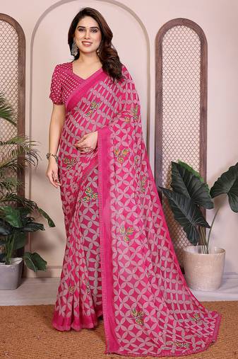 pink geometric print georgette saree with lace border & blouse piece