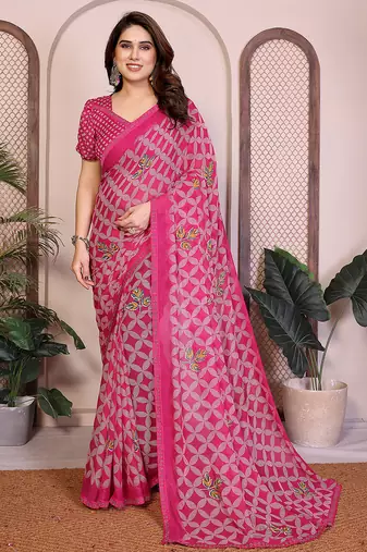 pink geometric print georgette saree with lace border & blouse piece