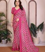 pink geometric print georgette saree with lace border & blouse piece