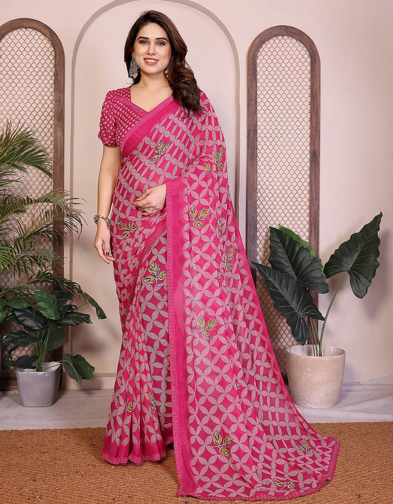 pink geometric print georgette saree with lace border & blouse piece