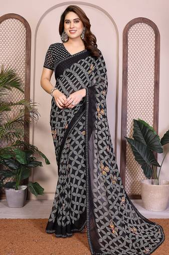 black geometric print georgette saree with lace border & blouse piece