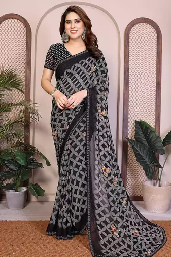 black geometric print georgette saree with lace border & blouse piece