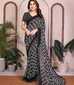 black geometric print georgette saree with lace border & blouse piece