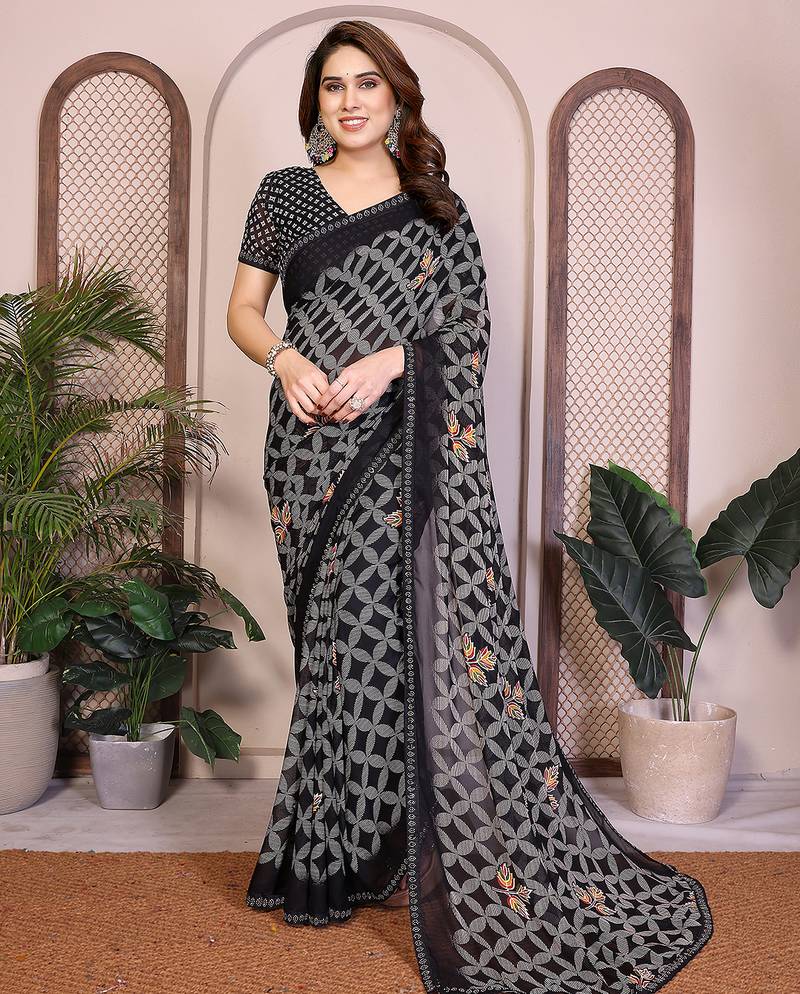 black geometric print georgette saree with lace border & blouse piece