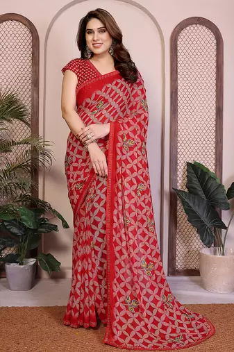 red geometric print georgette saree with lace border & blouse piece