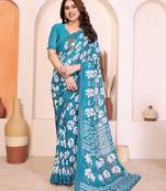 blue floral georgette saree with lace border & blouse piece