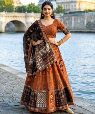 Navratri Ajarakh Print Rayon Semi Stitched Lehenga Choli & Unstitched Blouse With Dupatta 1